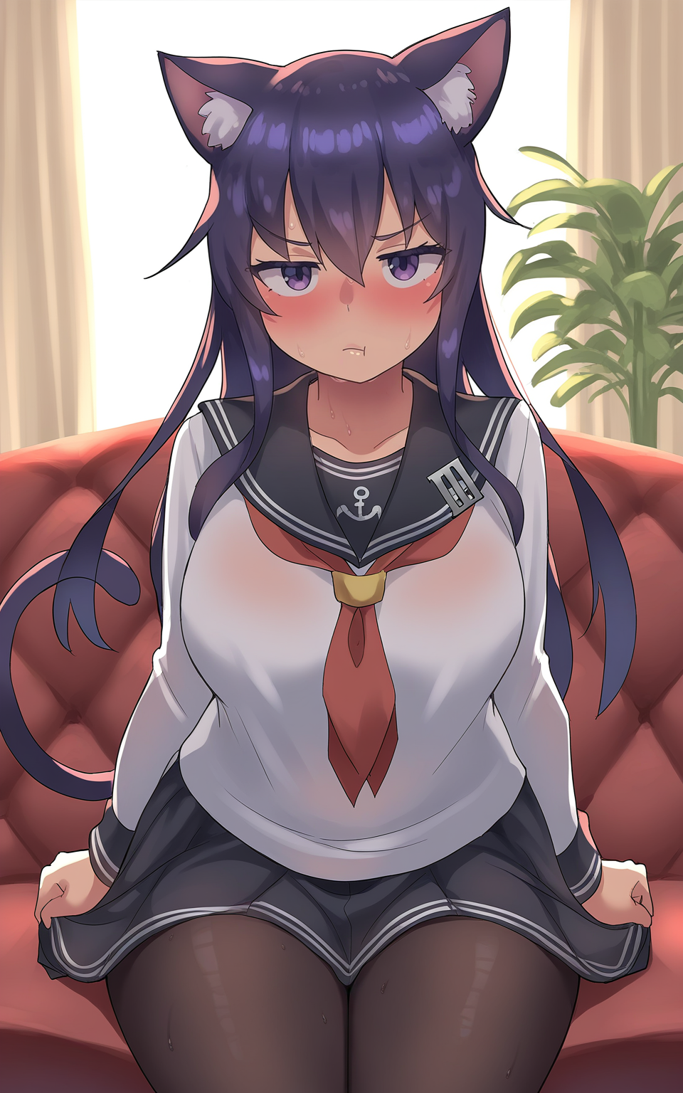 masterpiece, best quality, highres, absurdres, very awa, sweat, backlighting, 
<lora:Zheng v2 - NoobAI 1.0 V-Pred:1>
1girl, solo, akatsuki \(kancolle\), long hair, dark purple hair, purple eyes, looking at viewer, blush, pout, closed mouth, nervous sweating, nervous, cat girl, cat ears, cat tail, animal ear fluff, school uniform, white shirt, long sleeves, black sailor collar, naval uniform, black skirt, skirt grab, black pantyhose, large breasts, thick thighs, arm support, cowboy shot, indoors, sitting, window, beige curtains, red sofa, red couch, potted plant