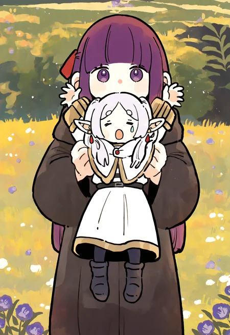 masterpiece, absurdres, newest, very awa, chromatic abberation, 2girls, frieren, teardrop earrings, long hair, side locks, parted bangs, pointy ears, capelet, gold trim, striped shirt, skirt, brown footwear, small eyebrows, upper body only, fern-small,fern \(sousou no frieren\), purple eyes, purple hair, short hair, hair ribbon, red ribbon, black robe, hooded robe, black footwear, :o, = =, wide shot straight-on, lifting person, armpit carry, size difference, <lora:spo_sdxl_10ep_4k-data_lora_webui>, <lora:TA_trained:0.35>, <lora:NOOB_EPSv1_1_detailer_by_vlnvk_v0_5>, <lora:omoguuu:0.8>, <lora:fern-small_IllustriousXL_last:0.7>