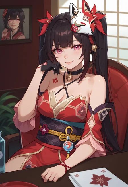 score_9, score_8_up, score_7_up, source_anime, 1girl, sparkledef, pink eyes, long hair, twintails, fox mask, mask on head, bell, black choker, bare shoulders, flower tattoo, criss-cross halter, detached sleeves, red dress, japanese clothes, obi, black sash, black gloves, single glove, thigh strap, sitting, on chair, table, head rest, elbow rest, smile, closed mouth, looking at viewer, indoors, portrait, close-up, upper body, facing viewer, <lora:Sparkle_v1-000010:0.8>