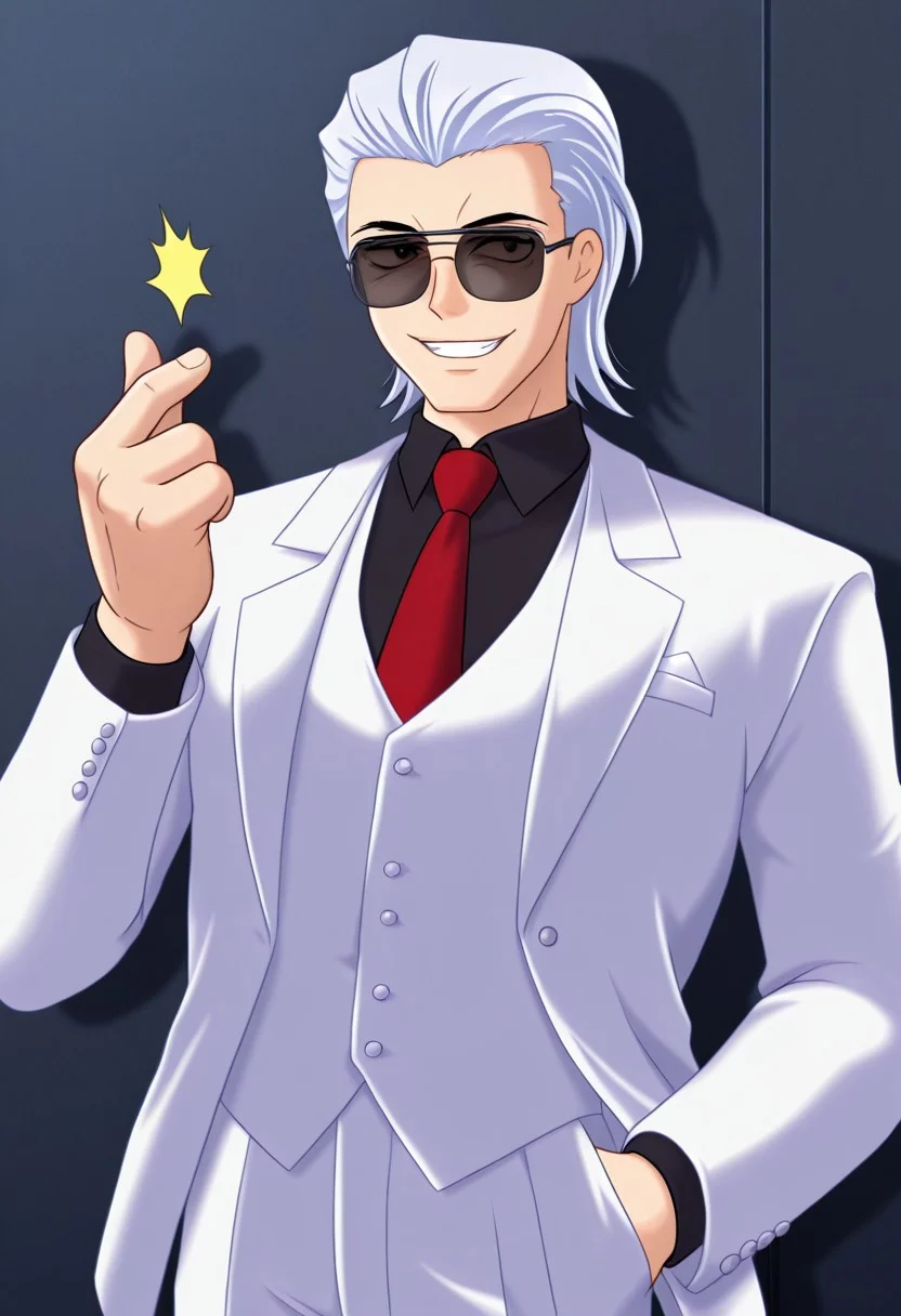 lazympos, ryukishi07, higurashi no naku koro ni, 1boy, grin, x \(to be hero x\), 2d, white hair, sunglasses, red tie, black shirt, white suit, white vest, hand in pocket, snapping fingers