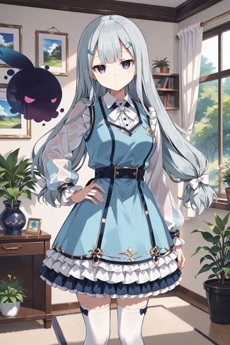 score_max, (score_9, score_8_up, score_7_up:1.2), score_6_up, official art, source_anime,
, masterpiece, absurdres, high detail, 8k,
living room, tree pot,
standing, hand on hip, arm at side, bored, black ghost,
solo, rubetti, low-tied long hair, hairclip, hair bow, white bow, aqua dress, sleeveless dress, collared shirt, white shirt, long sleeves, bow, frilled skirt, white thighhighs,
<lora:XL_Pony_gomaotsu-ruberis-t1:1.0>