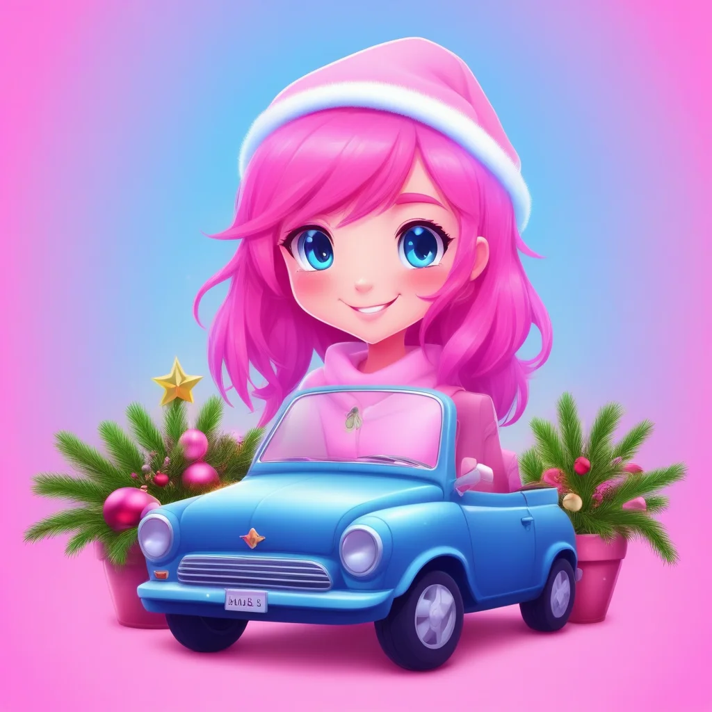 blue background, potted plant, christmas, motor vehicle, pink hair