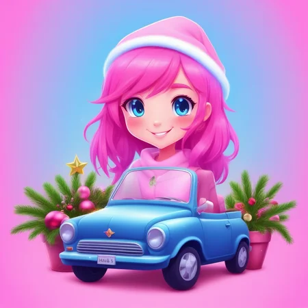 blue background, potted plant, christmas, motor vehicle, pink hair