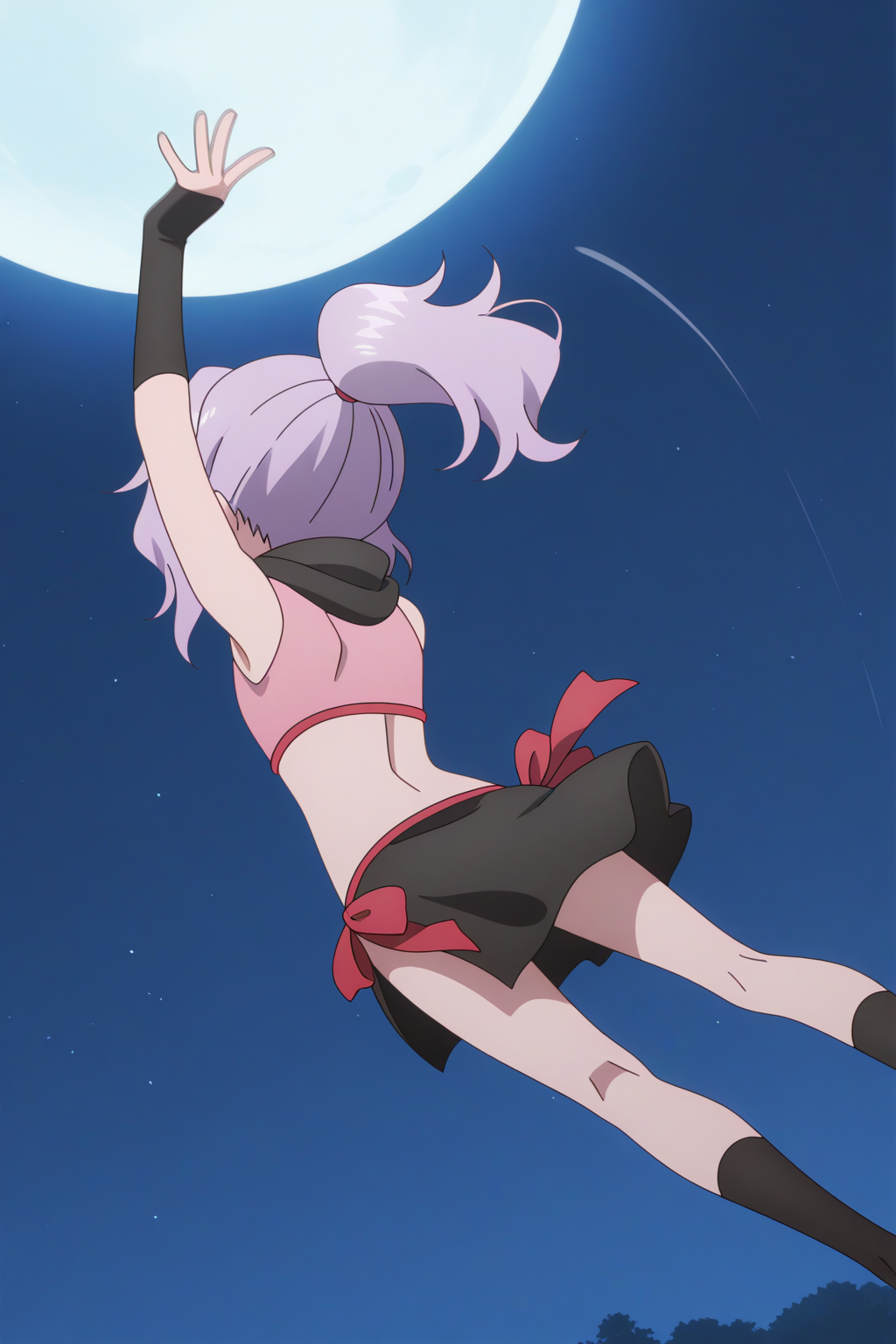 anime coloring, newest, masterpiece, Sazanka, dynamic pose, motion blur, perfect composition, skirt, epic, moon <lora:Kunoichi_Tsubaki_no_Mune_no_Uchi_-_Sazanka_-_illustrious:0.8>
