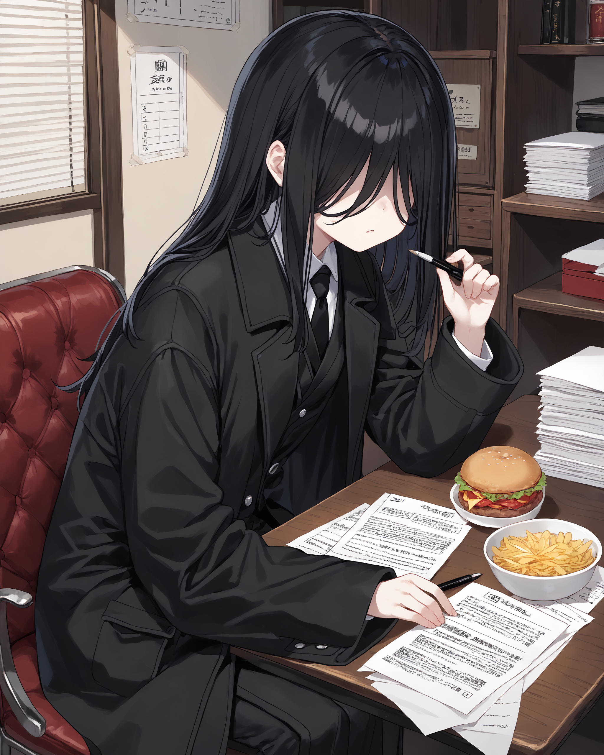 1girl, solo,<lora:Martina_LOR:0.8> MartinaLOR, black hair, long hair, hair over eyes, white shirt, black necktie, black jacket, black coat, long coat, sleeves past fingers, inside restaraunt, sitting on booth chair, leaning against table, papers and pens scattered on table, paper cup and fries on table, single hamburger, holding hamburger,