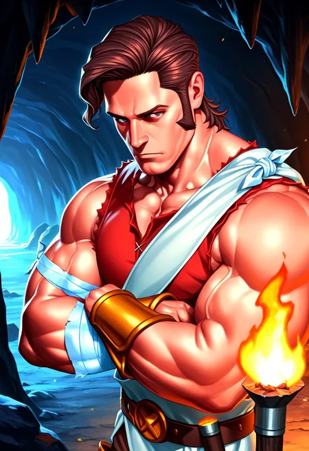 masterpiece, best quality, amazing quality, very aesthetic, absurdres, newest, gohheracilxl, 1boy, (brown hair, loose curl, sideswept hair:1.1), mature male, male focus, belt, muscular, sandals, red underneath vest, brown shorts, white toga, single cloth armband, leg bandages, bulging muscles, greaves, belt buckle, sideburns, inside, cave, torch, close up, portrait, upper body, arms crossed, pensive,