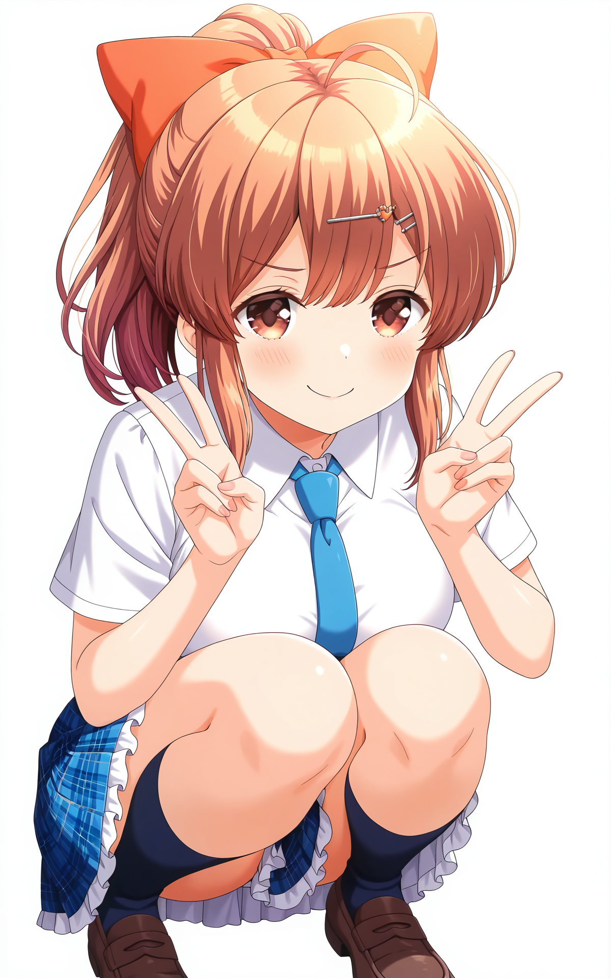 masterpiece, best quality, good quality, newest,4k, perfect lighting, cinematic, very aesthetic, official art, anime screencap, anime coloring,(((white background, simple background))),
1girl,solo,sakurai akane,brown hair, long hair,ponytail,ahoge,bangs,shiny hair,hairclip, hair ornament,red hair bow,brown eyes,
seio school uniform,blue necktie,white shirt,collared shirt,short sleeves,blue skirt,plaid skirt,pleated skirt,frilled skirt,miniskirt,thighs,loafers,
smile,smug,looking at viewer,double v,squatting,BREAK
<lora:ILakane:1>