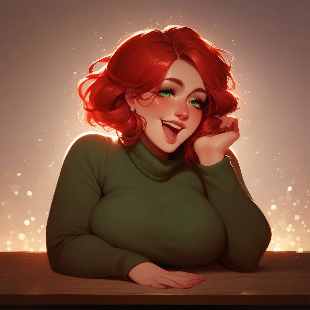 score_9, score_8_up, score_8, sinfully stylish, dramatic lighting, soft light, long shadows, a beautiful mature woman, red hair, green eyes, wearing a black turtleneck with rhinestones, (wrinkles:0.5), (freckles:0.5), (chubby body:0.8), 40 years old, sitting at a table in a dive bar, happy, sparkling green eyes, laughing
