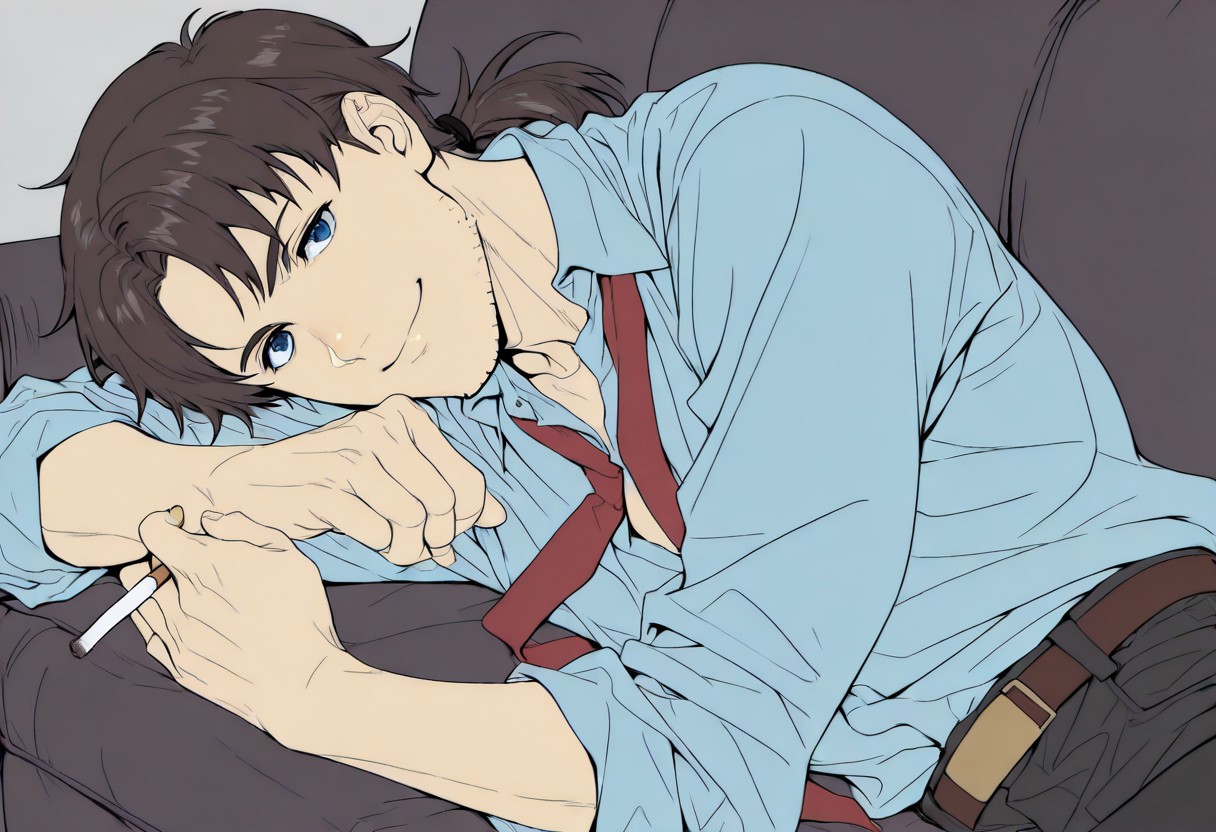 masterpiece, best quality, male focus, flat color, kaji,<lora:Degen_Ryoji_Kaji_v1-000009:.8> ponytail, blue shirt, red necktie, pants, holding cigarette, brown hair, belt, blue eyes, stubble, smiling, lying down, unbuttoned shirt