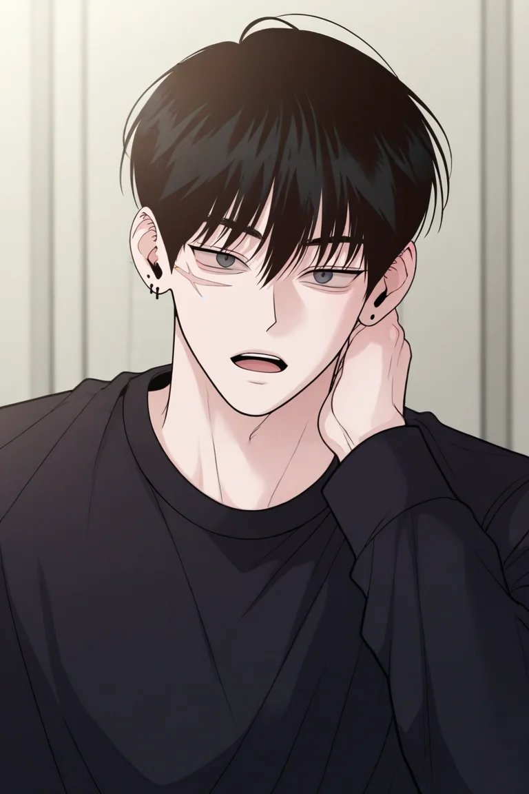 score_9, score_8_up, score_7_up,score_6_up,score_5_up,score_4_up,source_anime,BREAK, rating_safe, intricate details , , , anime screencap, anime coloring, official style, depth of field,1boy, solo, male focus , , ,<lora:goo_yoon_won:0.90>,goo yoon won,black hair,grey eyes,short hair,bangs,hair between eyes,scar,scar on face,looking at viewer, open mouth, shirt, long sleeves, upper body, indoors, black shirt,from below,earring, piercing,right ear bare , , , <lora:sdxl_lightning_8step_lora_315544:1>