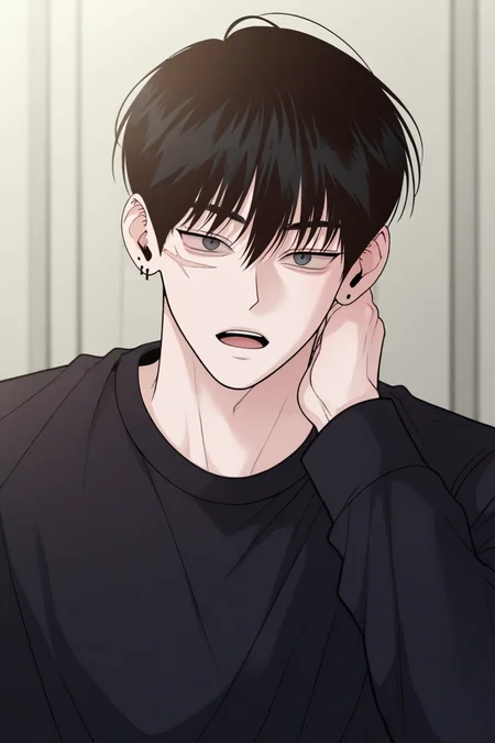 score_9, score_8_up, score_7_up,score_6_up,score_5_up,score_4_up,source_anime,BREAK, rating_safe, intricate details , , , anime screencap, anime coloring, official style, depth of field,1boy, solo, male focus , , ,<lora:goo_yoon_won:0.90>,goo yoon won,black hair,grey eyes,short hair,bangs,hair between eyes,scar,scar on face,looking at viewer, open mouth, shirt, long sleeves, upper body, indoors, black shirt,from below,earring, piercing,right ear bare , , , <lora:sdxl_lightning_8step_lora_315544:1>
