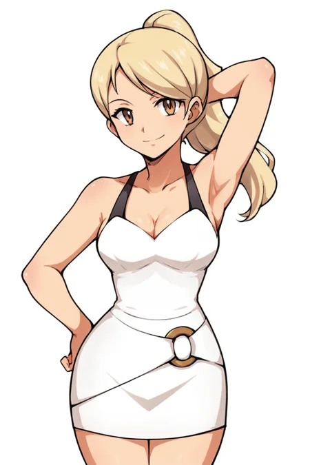 zPDXL3, score_9, score_8_up, 1girl, solo,<lora:Pokemon_Beauty_SunMoon:0.85>, smb3auty, white dress, black straps, dress ring, ponytail, hand on hip, hand behind head, posing, wide hips, cleavage, looking at viewer, cowboy shot, smile, <lora:Sadamoto Yoshiyuki_XL_PONY:1>
