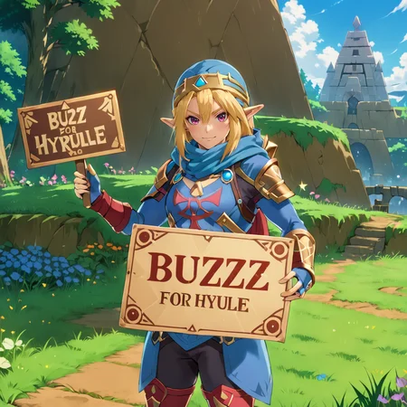 <lora:texta:0.9>  (holding a sign with text "Buzz FOR HYRULE":1.65),<lora:SheikXL:0.6> SheikXL, blue outfit, woman, 1girl, blonde hair, red symbol, triforce, (anime, masterpiece, intricate:1.3), (best quality, hires textures, high detail:1.2), (4k),(incredibly detailed:1.4),UHD, 8K, ultra detailed