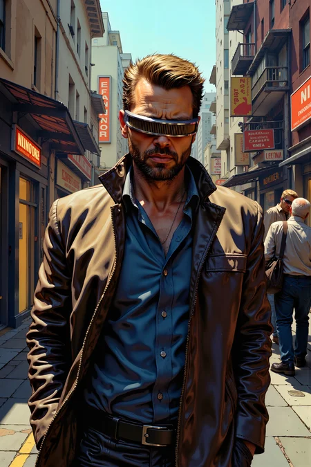 A man with beard walking on a street wearing grdvsr visor over his eyes. , detailed background Fantastic lighting. Detailed shadows.intricate details, vivid colors, hyper-detailed, ultra-sharp, , <lora:Dorota_Pietrowiak:0.3> Portrait by Dorota Pietrowiak <lora:Comic book V2:0.8> High-contrast illustration <lora:GRD_VISOR_FLUX>