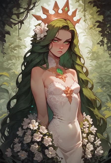 score_9, score_8_up, score_8. score_9, score_8_up, score_7_up, score_6_up, masterpiece, 4k, high quality, (best quality:1.1), ExpressiveH,
1girl, solo, exotic goddess of randomness, green eyes, slender body type, small breasts, pale skin, serious expression, very long wavy hair, flower-shaped braids, green hair with white roots, wearing a divine dress of vines and glowing leaves, adorned with a crown of blooming flowers, standing in an enchanted forest with glowing plants and mystical creatures.