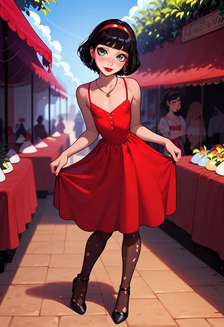 1boy, a femboy posing in an outdoor market,
 masterpiece, best quality, highly detailed, score_9, score_8_up, score_7_up, g4n1m3, source_cartoon, eye_focus, solo, full body, crossdressing,
 otoko no ko, 18 years old, (tiny breasts), (petite body), cute, pretty kawaii femboy, young, cute face, green eyes, (black hair), bob cut, red hairband, earrings, red lipstick, perfect figure, narrow waist, red sundress with white polka dots, black high heels, gold necklace,
 Expressiveh, playful expression, contrapposto, 
 outdoor market, dappled light, people in background, market stalls, trees, sunbeams,
 dynamic light, sunny scene, vibrant colors, warm_colors, soft focus, high contrast, textured surfaces, depth of field, dramatic shadows, rich details, warm color palette, cinematic composition,