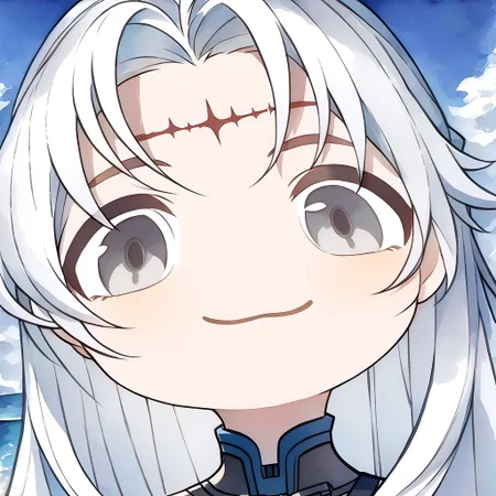 score_9, score_8_up, mutsukiface, chibi, portrait, smile, closed mouth, close-up, ((watercolor painting)),mutsukiface, chibi, portrait, smile, closed mouth, close-up, Calcharo, wuthering waves, white hair, long white hair, face tattoo, bodysuit, grey eyes, black clothes
