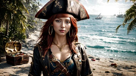 (young redhead pirate woman), (portrait), sharp focus, (ultradetailed), (standing), (happy) smile, pirate (ship galleon:1.2, hoop earrings, gold medallion, Musket Brownpirate clothes, pirate hat, hips, (pirate parrot:1.2), pirate (village), leafy beach coast, (treasure chest with coins, gems and jewels:1.2), rum barrel, best quality masterpiece, bright sunny sky, backlight, natural lights, high contrast, hdr, shadows, pretty, beautiful, feminine, sexy, adorable, lovely, in love, (PirateDiffusionprt:0.5), <lora:Pirate:0.3> PrateT <lora:PirateRealms:0.3> <lora:Detail Tweaker LoRA add_detail:0.8> <lora:depth_of_field_slider_v1:5> <lora:SDXLrender_v2.0:0.9>