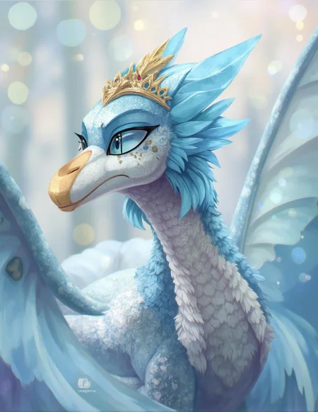 <lora:ck-LttleGhost-000011.safetensors:1> in the style of ck-lttlegh0stA majestic hybrid creature, part bird and reptile, is showcased in exquisite detail. Its icy-blue feathers on the head and neck gleam alongside a golden beak and delicate white scales. Wings are partially extended, revealing intricate lace-like patterns. A glittering crown adorns its regal head, set against a softly blurred background with pastel bokeh effect.