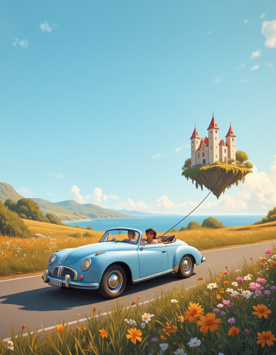 <lora:MW_Minis01flux:1> mwm01, cinematic, majestic, fantasy, T10, gold, blue, bokeh, a dreamy, whimsical scene featuring a classic light blue convertible driving along a coastal road with colorful wildflowers on both sides. A young couple sits inside the open-top car, enjoying the scenic drive. Tethered to the car by a rope is a floating fairytale castle with red conical rooftops, perched atop a grassy floating island. The castle hovers peacefully in the clear blue sky, casting a faint shadow on the road. In the distance, rolling hills meet the calm sea. The lighting is golden and warm, suggesting late afternoon. The view angle is cinematic, from slightly above and to the side of the car, emphasizing motion and the magical connection to the floating castle.