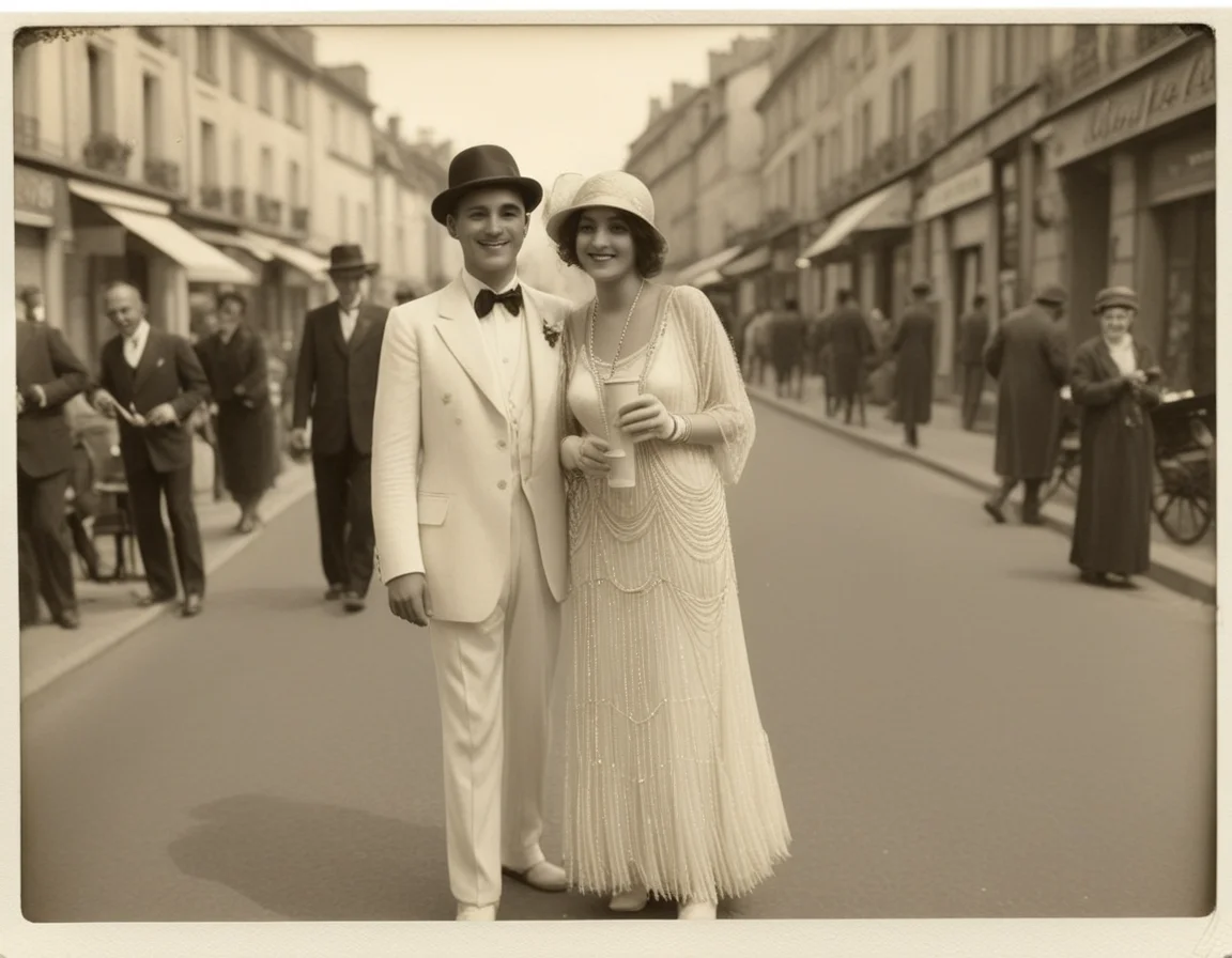 un couple dans les années 1920, se promenant main dans la main sur une rue pavée. Elle porte une robe à franges scintillante et un bandeau de perles, tandis qu'il arbore un costume élégant avec un chapeau feutre. Leurs rires résonnent alors qu'ils s'arrêtent devant un café, où des musiciens jouent du jazz. La lumière chaude des lampadaires crée une ambiance romantique, enveloppant leur monde d'une douce nostalgie. sepia vintage