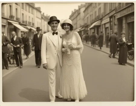 un couple dans les années 1920, se promenant main dans la main sur une rue pavée. Elle porte une robe à franges scintillante et un bandeau de perles, tandis qu'il arbore un costume élégant avec un chapeau feutre. Leurs rires résonnent alors qu'ils s'arrêtent devant un café, où des musiciens jouent du jazz. La lumière chaude des lampadaires crée une ambiance romantique, enveloppant leur monde d'une douce nostalgie. sepia vintage
