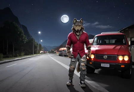 masterpiece, best quality, highly detailed, score_9, score_8_up, score_7_up, score_6_up, full body picture of the Lobinez, furry male, solo, wolf, red plaid shirt, grey torn pants, torn shoes, claws, tail, solo, best resolution, best quality, masterpiece, crisp, sharp focus, hyperrealistic, cinematic lighting, 4K, zPDXL3, outdoors, night, star_(sky), full moon, moon, moonlight, road, building, diner, pickup truck, truck, power lines, utility pile, scenery, mountain, night sky