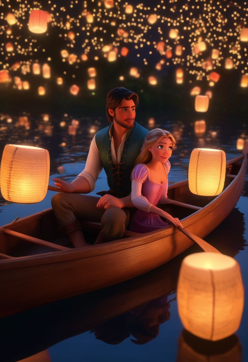 romance, 1man, 1girl, full body shot, realistic, stunningly realistic, trending on artstation ,  FlynnRider, Rapunzel, 1man, 1girl, realistic, on a canoe, night,, high angle, lanterns, magical ambiance, surrounded by lights, (masterpiece), best quality, highres, 4k, 8k, intricate detail, cinematic lighting, amazing quality, amazing shading, soft lighting, 35mm, analog style, a realistic photo, film grain, (photorealistic:0.6), taken by a canon eos r5, ultra detailed skin, ultra detailed face,  chromatic aberration, colorful, bright colors,