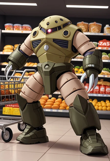 score_9, score_8_up, score_7_up, source_anime, cowboy shot, side view, BREAK, ( zgok, green_zgok_armor, pink monoeye, full body, looking at viewer, combat pose, ballast tanks on back, green zgok, weathering, legs apart, 3 fingers, ) 1mech, mech focus, solo, BREAK, grocery store, (pushing shopping cart)