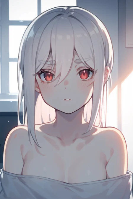 Original Characters, Natural Volumetric Lighting And Best Shadows, Deep Depth Of Field, Sharp Focus, Portrait Of Stunningly Beautiful Petite Girl, Soft Delicate Beautiful Attractive Face With Alluring Red Eyes, Lovely Small Breasts, Sharp Eyeliner, Empty Stare, Expressionless With Half Closed Eyes, Windswept Disheveled White Hair, Thick Layered Long Messy Hairstyles, Blush Eyeshadow With Thick Eyelashes, Parted Lips, Pale Skin, Stripe White Patient, (Intravenous Therapy:1.05), (Medical Vital Signs Monitor:1.15), (Lying On University Hospital Single-Bed Room:1.2), (Light Leaks Through The Open Window:1.1), (Highest Quality, Amazing Details:1.4), Masterpiece, Bloom, Picturesque, Gray Gloomy Paintings