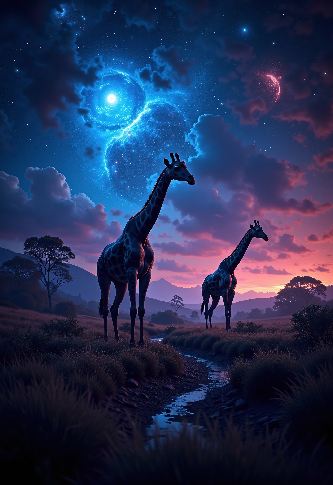aidmaimageupgrader, a high quality digital image of Metagalactic Giraffes Battle at the Edge of Time, they glow at night