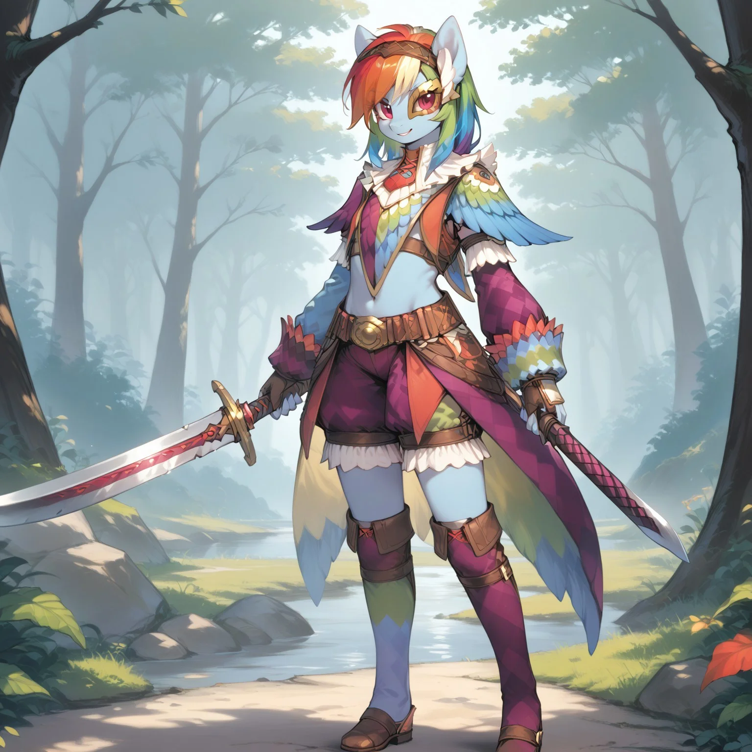 safe_pos, (score_9, score_8_up), score_7_up, epic:1.4, by zinfyu, source_pony, solo, (1girl), (pony), (rainbow dash), perfect hands, anthro, (qurupeco x armor), ((Wielding sword:1.4,giant sword:1.4)), full body:1.3, standing, spread legs, relaxing,perfect lighting , forest