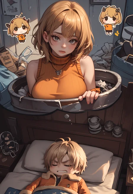 score_9, score_8_up, score_7_up, source_anime, shattered house, night, 1boy, solo, jr, chibi, blonde hair, fur-trimmed jacket, shirt, closed eyes, sleeping, angry, teeth, shaded face, dreaming, dreaming of, head on pillow, under covers, in bed, dreaming of themselves, <lora:Pony\style\chibi\jrXLP.safetensors:0.8:0.8> <lora:Pony\char\Man\le.safetensors:0.8:0.8> <lora:Pony\pose\Dreaming_of....safetensors:1.0:1.0> <lora:Pony\style\chibi\jrXLP.safetensors:0.8:0.8> <lora:Pony\char\ashleygraham-pdxl-nvwls-v1.safetensors:0.8:0.8> <lora:Pony\pose\Trash_Waifu_PDXL.safetensors:0.85:0.85> score_9, score_8_up, score_7_up, source_anime, 1girl, solo, jr, chibi, reAshley, brown eyes, bangs, necklace, orange sweater, sleeveless turtleneck, ((large breast)), breast resting, zzTrashWaifu, in trash can, sad, blush, tearful