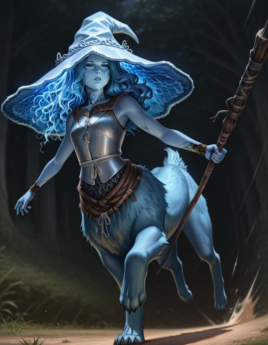 <lora:CentaurILL:1>, taur, centauroid, monster girl, holding weapon, breastplate, running, foreshortening, speed lines, blurry background, dynamic pose , (masterpiece, best quality, ultra-detailed, absurdres, newest, detailed textures, correct anatomy, very aesthetic:1), ranni the witch \(elden ring\), blue hair, blue eyes, four arms, 2 pairs of arms , <lora:Sabu_Art_Style_IL:1>, sabudenego