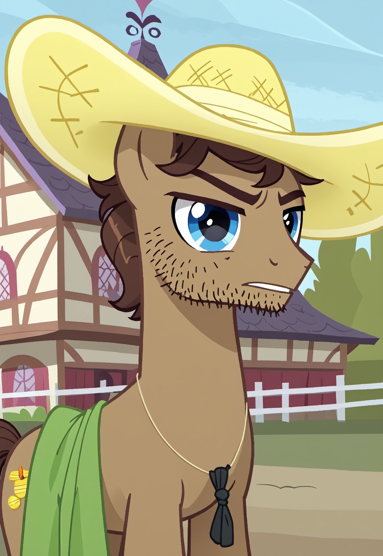safe_pos, safe_pos, score_9, score_8_up, score_7_up, source_anime, rating_nsfw, ultra hd, absurdres, solo, masterpiece, best quality, best aesthetic, Expressiveh, wolfconf, 1boy

MLPBeuford, yellow hat, stubble, green cloth, brown hair, blue eyes, looking at viewer, ponyville, no humans, pony, feral, coin cutie mark