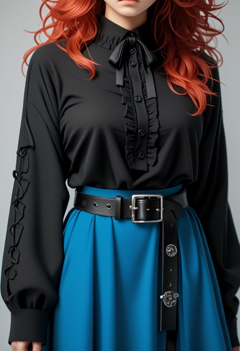 PonyXLV6_Scores BREAK EnD_Fashion Style, 1girl, solo, red hair, voluptuous, blue theme, black hair, long hair, messy hair,  skirt, shirt, long sleeves, ribbon, standing, frills, belt, grey background, blue skirt, sleeves past wrists, black shirt, close up,