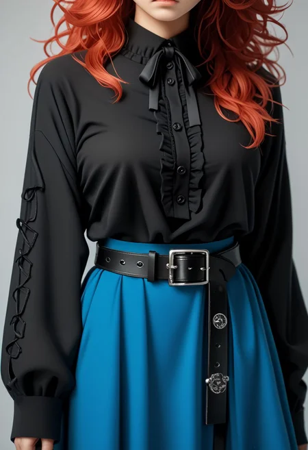 PonyXLV6_Scores BREAK EnD_Fashion Style, 1girl, solo, red hair, voluptuous, blue theme, black hair, long hair, messy hair, skirt, shirt, long sleeves, ribbon, standing, frills, belt, grey background, blue skirt, sleeves past wrists, black shirt, close up,