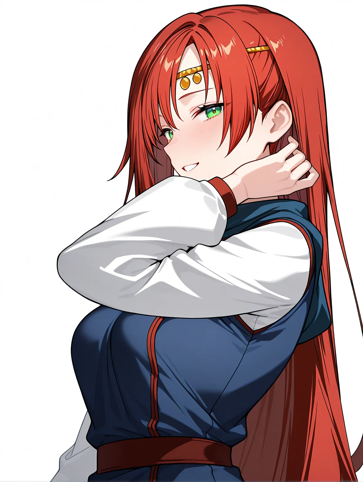 masterpiece,best quality,newest,absurdres,highres,very awa,
1girl,solo,
<lora:elenoa_ilxl_v3.9:1>,elenoa,red hair,very long hair,green eyes,e_circlet,e_02clothes,long_sleeves,white sleeves,blue clothes,white pants,
<lora:Fixhands_anime_bdsqlsz_V1:1>,light_blush,white_background,simple background,standing,(face_focus:1.2),looking_at_viewer,smile,:o,upper_body,profile,hand_in_hair,