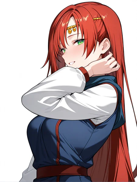 masterpiece,best quality,newest,absurdres,highres,very awa,
1girl,solo,
<lora:elenoa_ilxl_v3.9:1>,elenoa,red hair,very long hair,green eyes,e_circlet,e_02clothes,long_sleeves,white sleeves,blue clothes,white pants,
<lora:Fixhands_anime_bdsqlsz_V1:1>,light_blush,white_background,simple background,standing,(face_focus:1.2),looking_at_viewer,smile,:o,upper_body,profile,hand_in_hair,