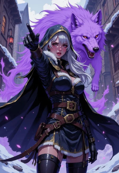 DGC style, a young woman with perfect body and white hair wearing hunting attire with fur lining and a hooded cape. She points her finger forward, screaming while the wolf made out of purple mist comes out from under her cape, rushing forward. The background is a medieval city street at winter