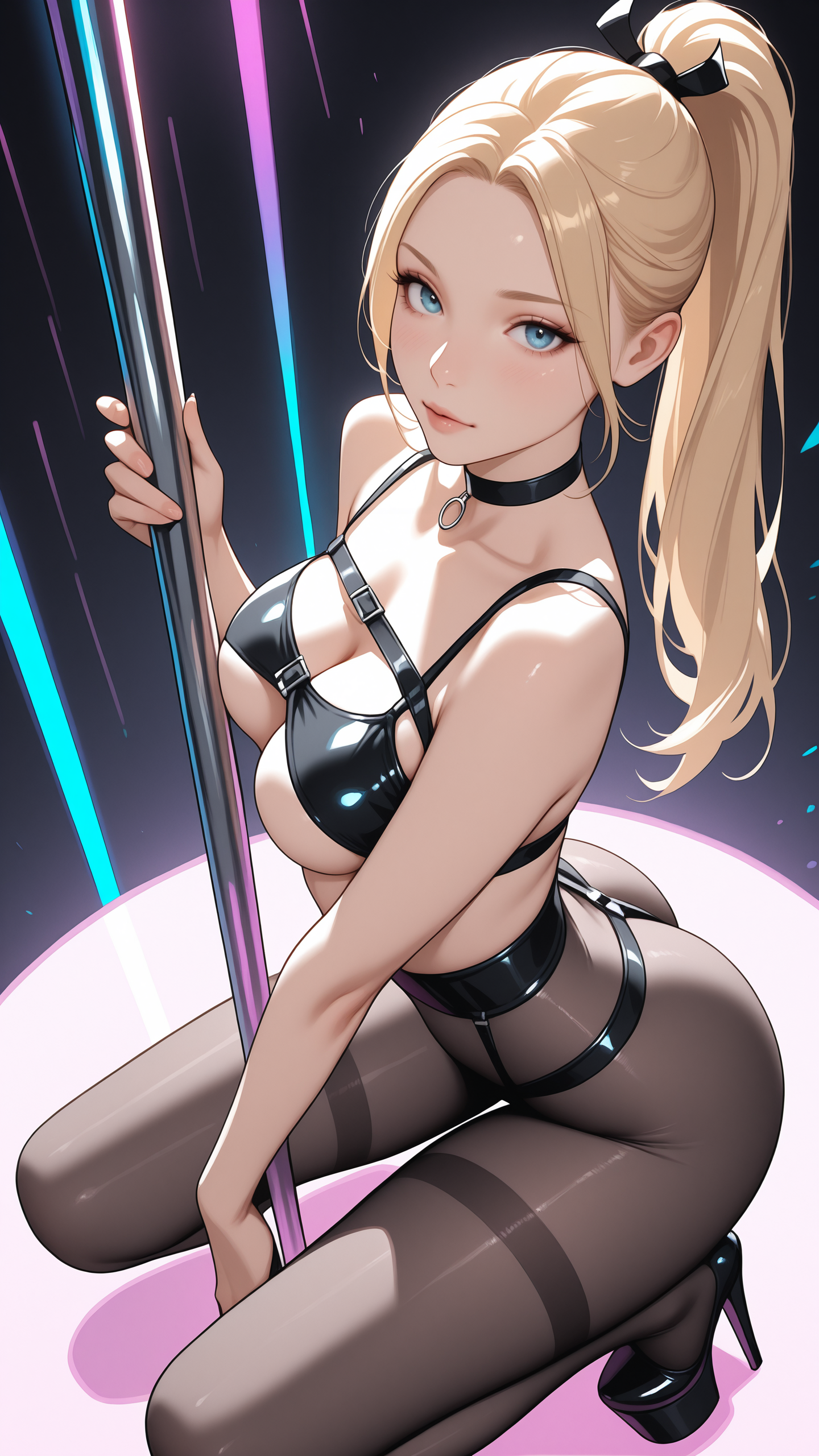 masterpiece, best quality, high resolution, very aesthetic, absurdres, newest, professional, high-quality, hyper-realistic, portrait of a woman, looking at viewer, detailed eyes, realistic body, 
woman, blonde, ponytail, looking at viewer,
pole dancing,
rvnss, underboob, black harness, pantyhose, highwaist thong, platform shoes, choker,
high angle, front view, moddy lighting, neon colors, dark background,  neon back lighting <lora:raveness:0.9>
