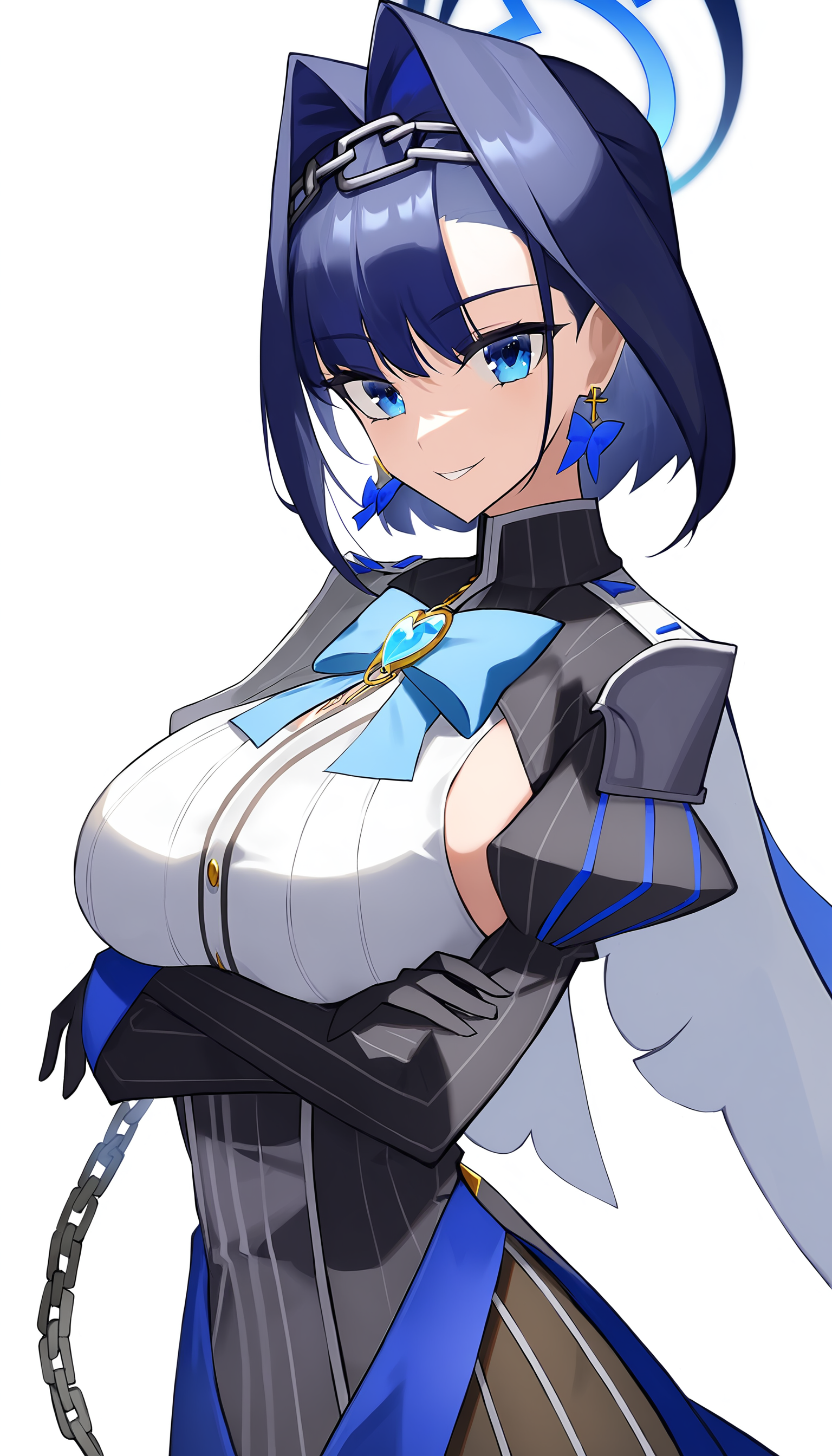 1girl, solo, breasts, looking at viewer, smile, short hair, bangs, blue eyes, large breasts, simple background, gloves, white background, bow, jewelry, blue hair, upper body, earrings, detached sleeves, black gloves, virtual youtuber, clothing cutout, chain, halo, blue bow, hair intakes, crossed arms, bow earrings, ouro kronii,<lora:Wada_Arco__Style__XL:1.2>,