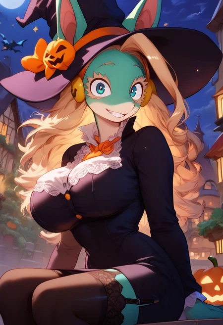 score_10 , score_9_up, score_8_up, score_7_up , score_6_up, vibrant colors, shiny_skin , prefect lighting, detailed image, snoozing , masterpiece , best quality , highly detailed ,
BREAK
1girl , solo , (anthro female:1.2, (ippan_josei, mint green skin female)), curvy , thicc , (hyper breast) , smiling , black thigh highs , black garter belt , black dress , (lace) ,
<lora:witch-ponyxl-lora-nochekaiser:1>, witch, hat, witch hat, dress, halloween, halloween costume, jewelry,
night, moon , halloween , village , tree , bat , cinematic composition , dynamic pose , sitting ,