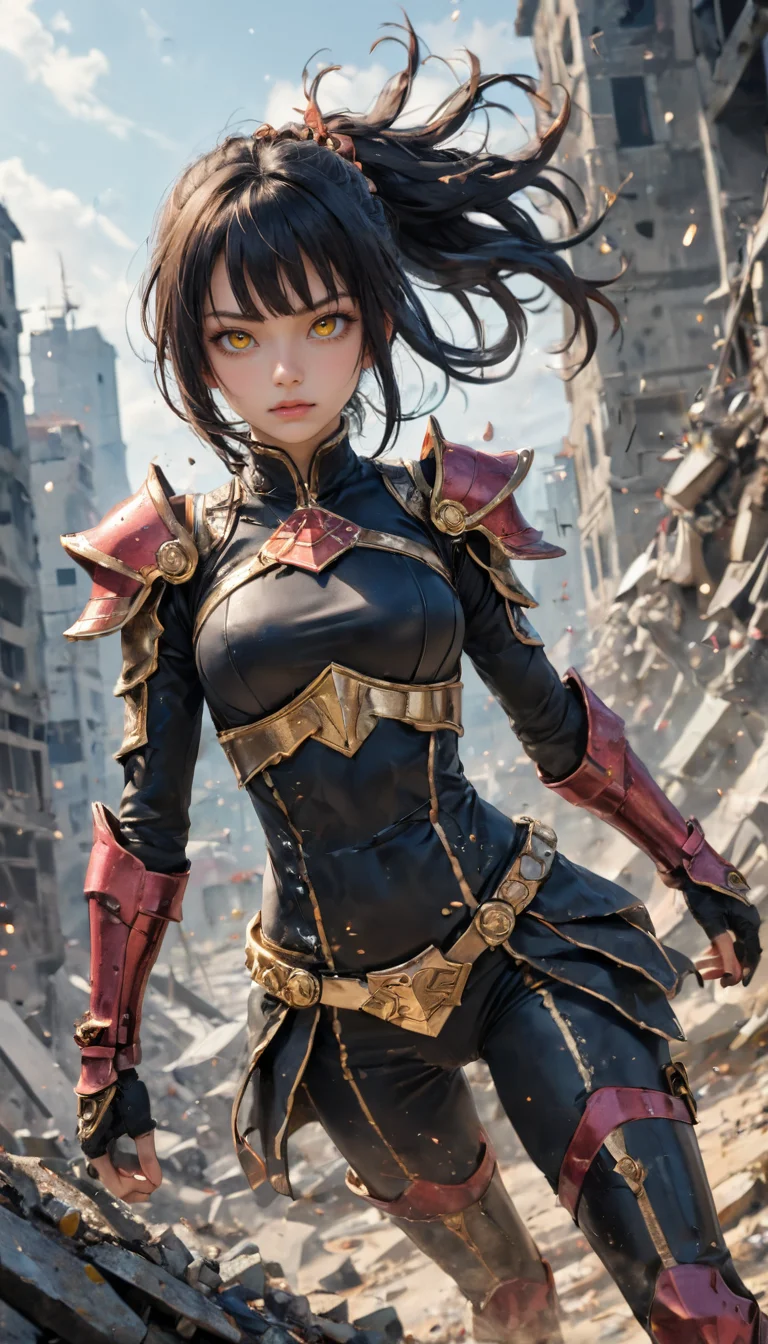 Portrait, girl, spacepunk knightgirl with a stern look, holding a weapon, jumping, character design inspired by Yoji Shinkawa and Tsutomu Nihei, black|yellow, battle-worn armored and elegant, rubble background, depth of field, dynamic angle, fashion photography, sharp, hyperdetailed:1.15, 4n1v3rs3
