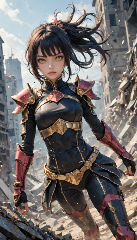 Portrait, girl, spacepunk knightgirl with a stern look, holding a weapon, jumping, character design inspired by Yoji Shinkawa and Tsutomu Nihei, black|yellow, battle-worn armored and elegant, rubble background, depth of field, dynamic angle, fashion photography, sharp, hyperdetailed:1.15, 4n1v3rs3