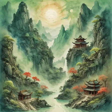 (Ink illustration on parchment, watercolor, ink splashes, Ukiyo-E). ((watercolor)), ((Chinese landscape)), Pagodas, Red-Trees, landscape focus, small figure off-side, Chinese Mountains, Rivers, Clouds, with watercolor washes, (((verdant green landscape))), (((mist, waterfalls))), trees, lush foliage, endless karth mountains that stretch outward to the horizon, a lone woman traversing the landscape!! wearing a bright blue cloak to make the miniscule figure stand out in a landscape dotted with the ruins of an ancient destroyed civilisation, crumbling stone, degraded buildings and temple, a long magical aurora borealis stretching across the sky, a broken moon high in the sky partially turned into an asteroid belt, a Saturn-like ringed-planet world, flickers of magical energy illuminating the land, in the far distance a giant wall of smoke is rising from the shattered earth in which a multitude of faces are forming and screaming, Ink splashes, rough ink sketch, Ghibli style, high contrast, stylized, dark skin, close up on face, head and shoulder, leather medieval top with lowered hood, Art Nouveau Style, detailxl, BadDream, dioramas, contrasting light, light rays, volumetric lighting,