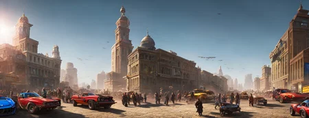 old town main streetscape, detailed street racing muscle cars with a crowd of spectators, masterpiece, art by cardstyle15