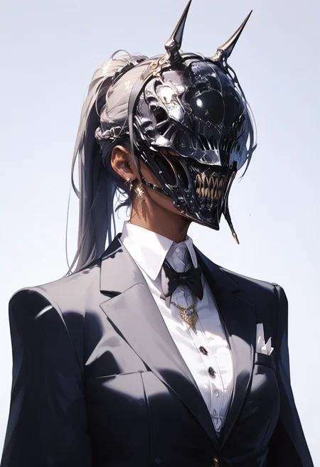 score_9, score_8_up, score_7_up score_9, score_8_up, score_7_up, score_6_up, score_5_up, score_4_up,
<lora:SinisterMasksV3:0.9>, (m4sk, mask, covered eyes), fake horns,
1girl, solo, ponytail, simple background, dark skin, necklace, dark-skinned female, tuxedo