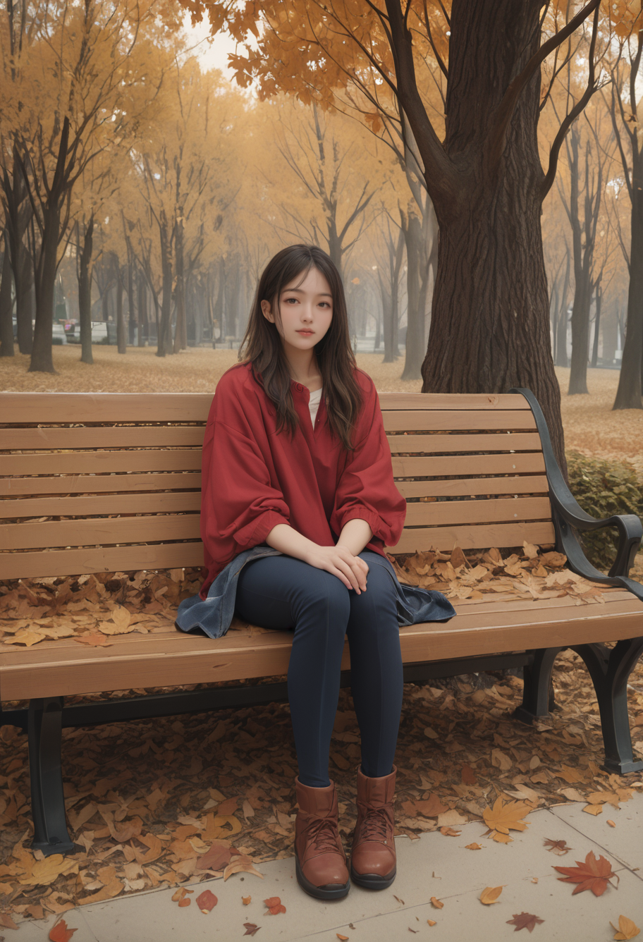 ,ruanyi1438,autumn leaves,
bench,sitting,<lora:1438 autumn leaves_v1_pony:1>, score_9,score_8_up,score_7_up,,8k,solo,,