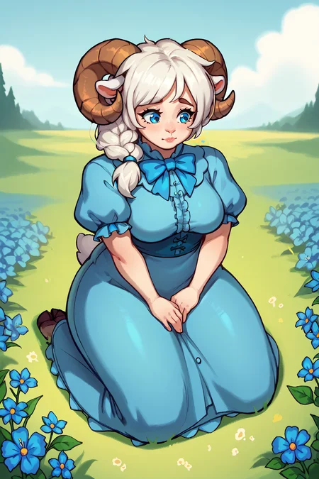 score_9, score_8_up, score_7_up, BREAK 1girl, solo <lora:NSMarnieStardew:1> NSMarnieStardew, single braid, blue eyes, white hair, curvy, light blue dress, frills, bowtie, puffy sleeves, short sleeves, kneeling, flower field, blue flowers, outdoors, sheep horns, sheep ears, neck tuft, long dress